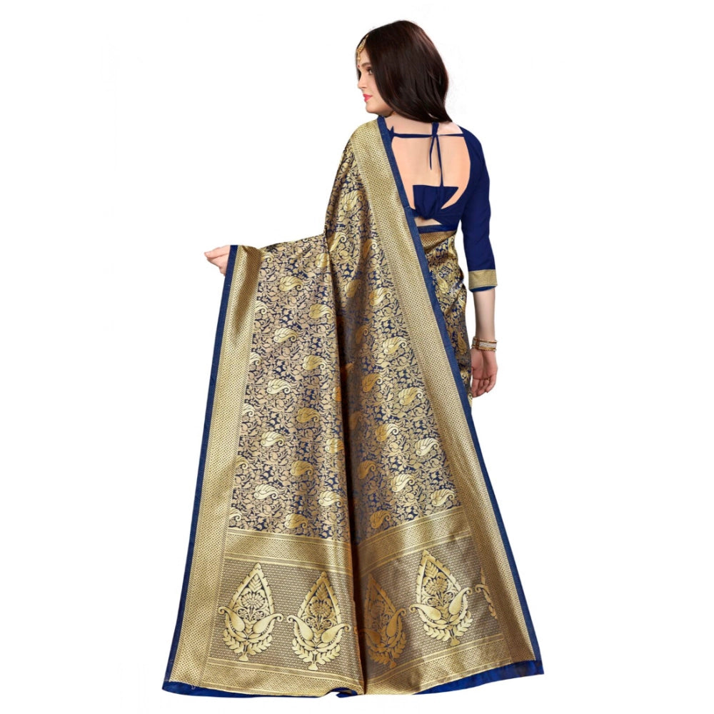 Women'S Banarasi Silk Saree With Blouse (Navy Blue, 5-6Mtr)