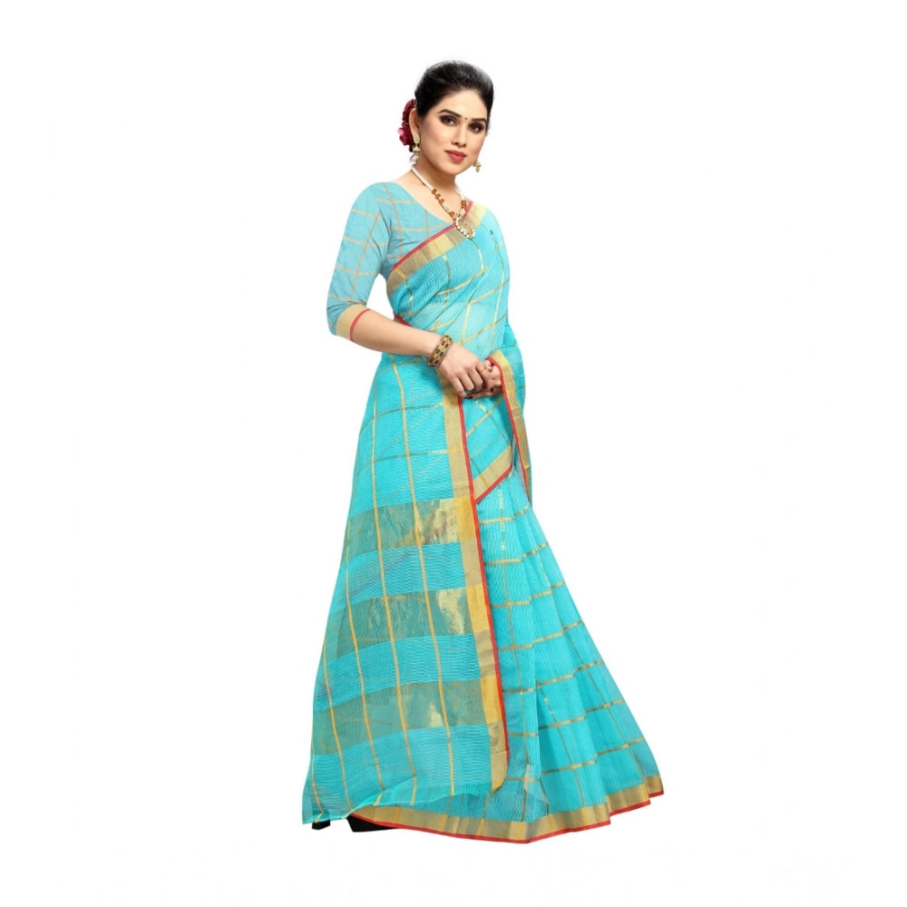 Women'S Kota Doria Cotton Saree With Blouse (Sky Blue,6-3 Mtrs