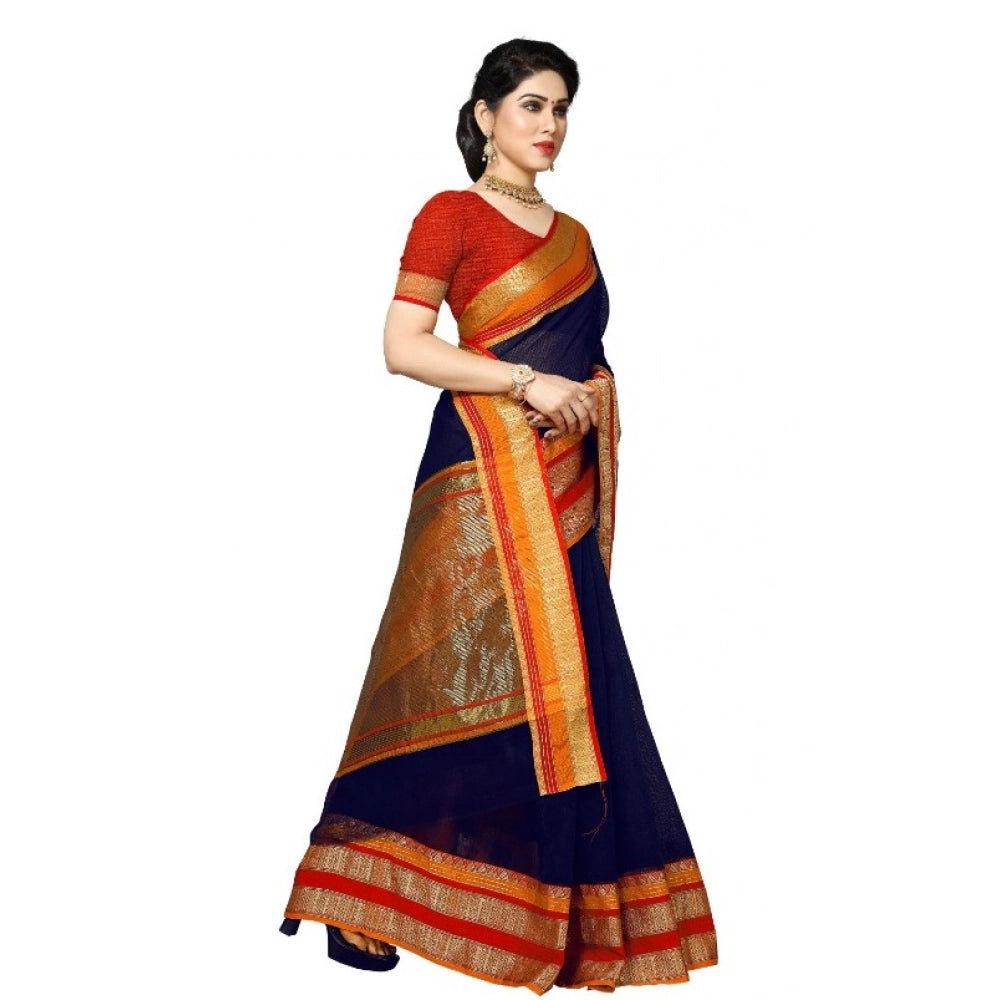 Women'S Kota Doria Cotton Border Saree With Blouse (Navy Blue,