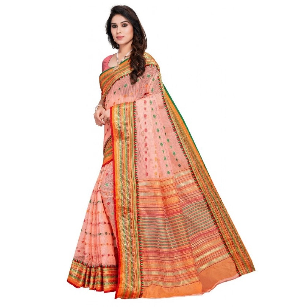 Women'S Kota Doria Cotton Woven Butta Saree With Blouse (Peach
