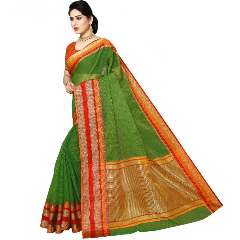 Women'S Kota Doria Cotton Border Saree With Blouse (Green, 5-6