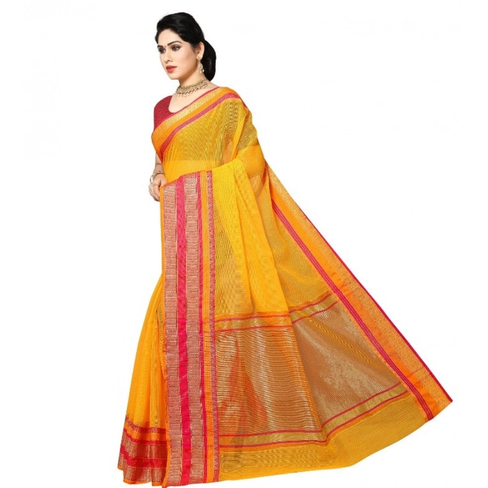 Women'S Kota Doria Cotton Border Saree With Blouse (Gold, 5-6