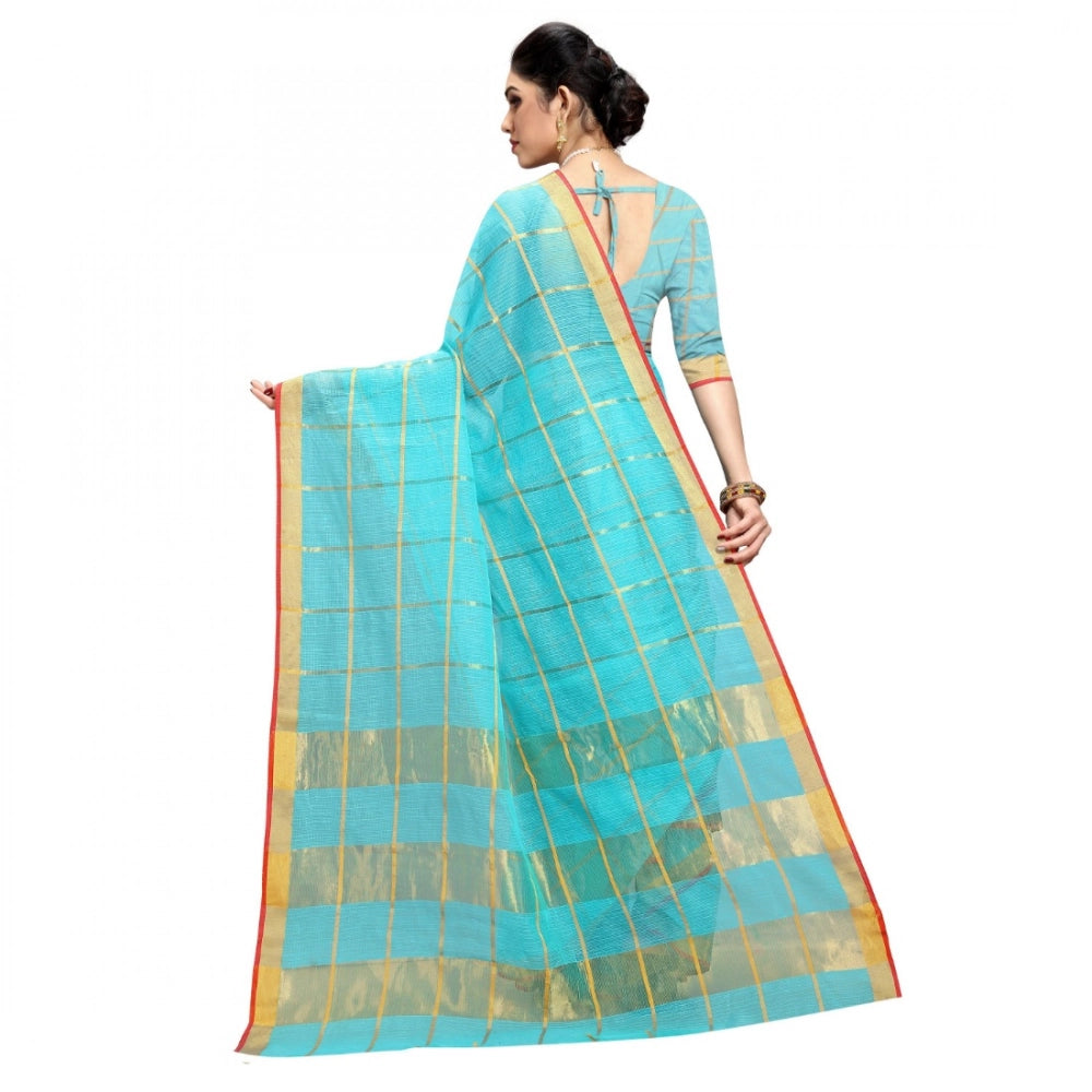 Women'S Kota Doria Cotton Checked Saree With Blouse (Sky Blue,