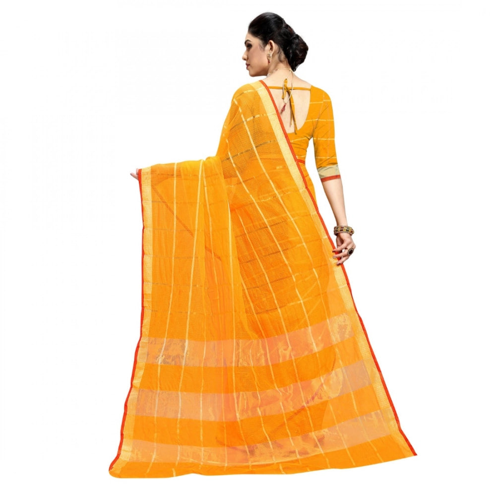 Women'S Kota Doria Cotton Checked Saree With Blouse (Yellow, 5