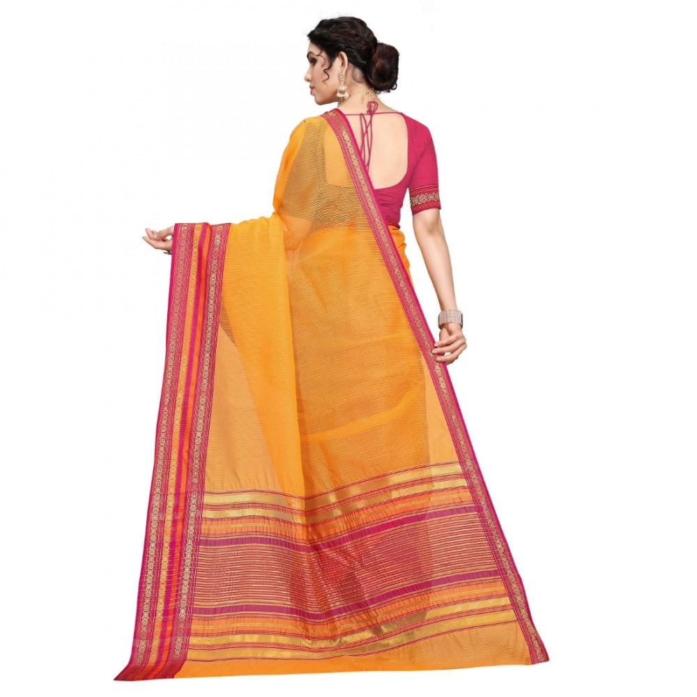 Women'S Kota Doria Cotton Bordered Saree With Blouse (Gold, 5