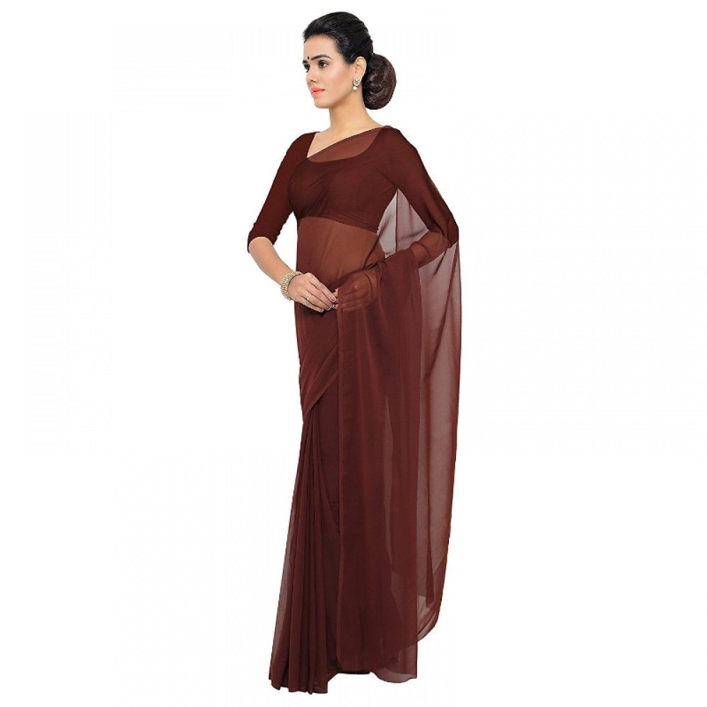 Women's Georgette Plain Saree With Blouse (Coffee, 5 - 6 Mtrs)