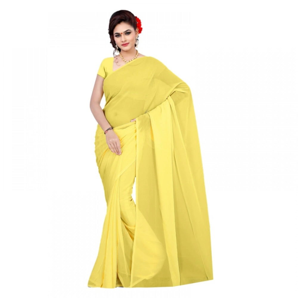 Women'S Georgette Plain Saree With Blouse (Lemon Yellow, 5-6 M