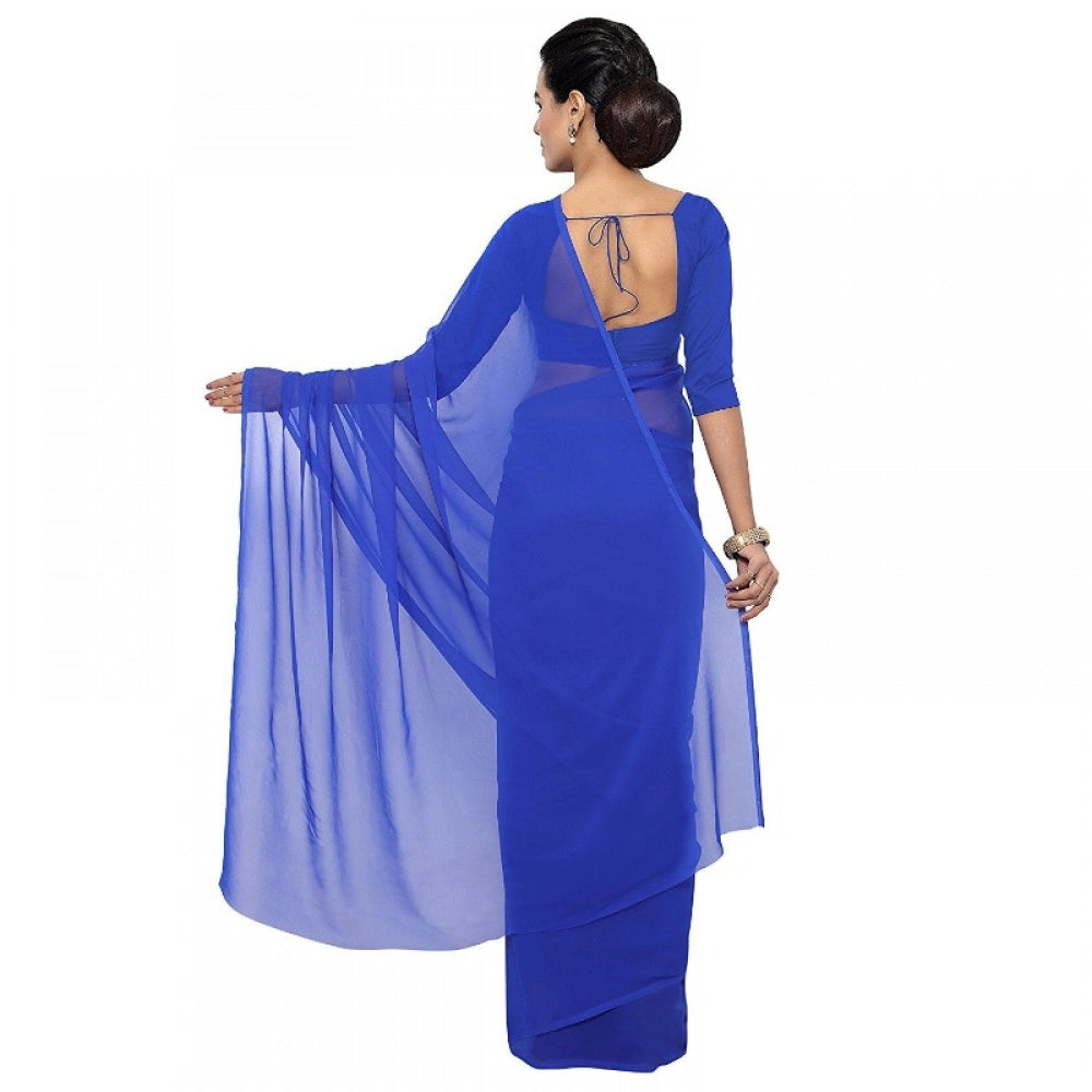 Women'S Georgette Plain Saree With Blouse (Royal Blue, 5-6 Mtr