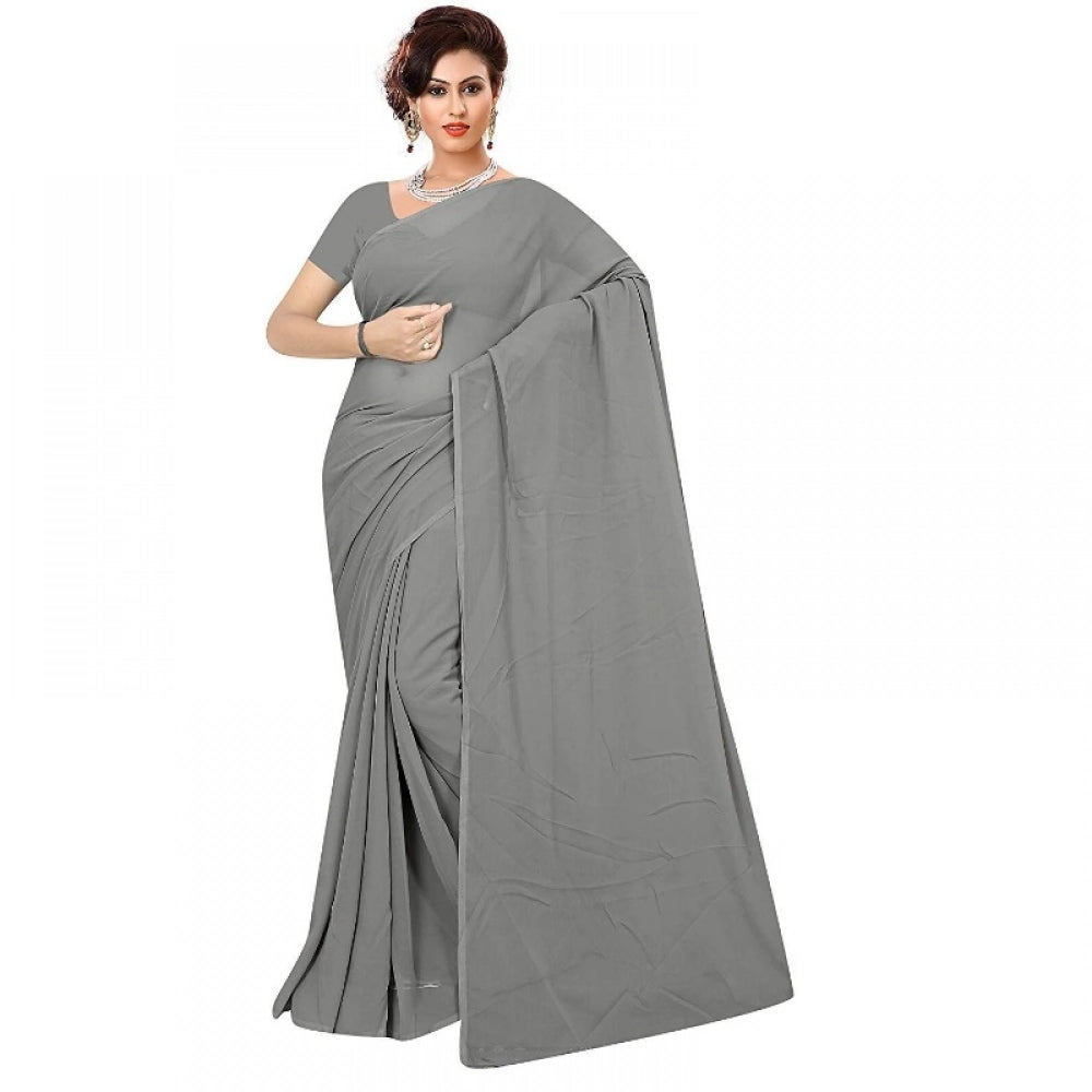 Women's Georgette Plain Saree With Blouse (Grey, 5 - 6 Mtrs)