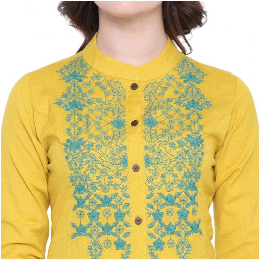 Women'S Khadi Embroidered Kurti (Yellow, Khadi)