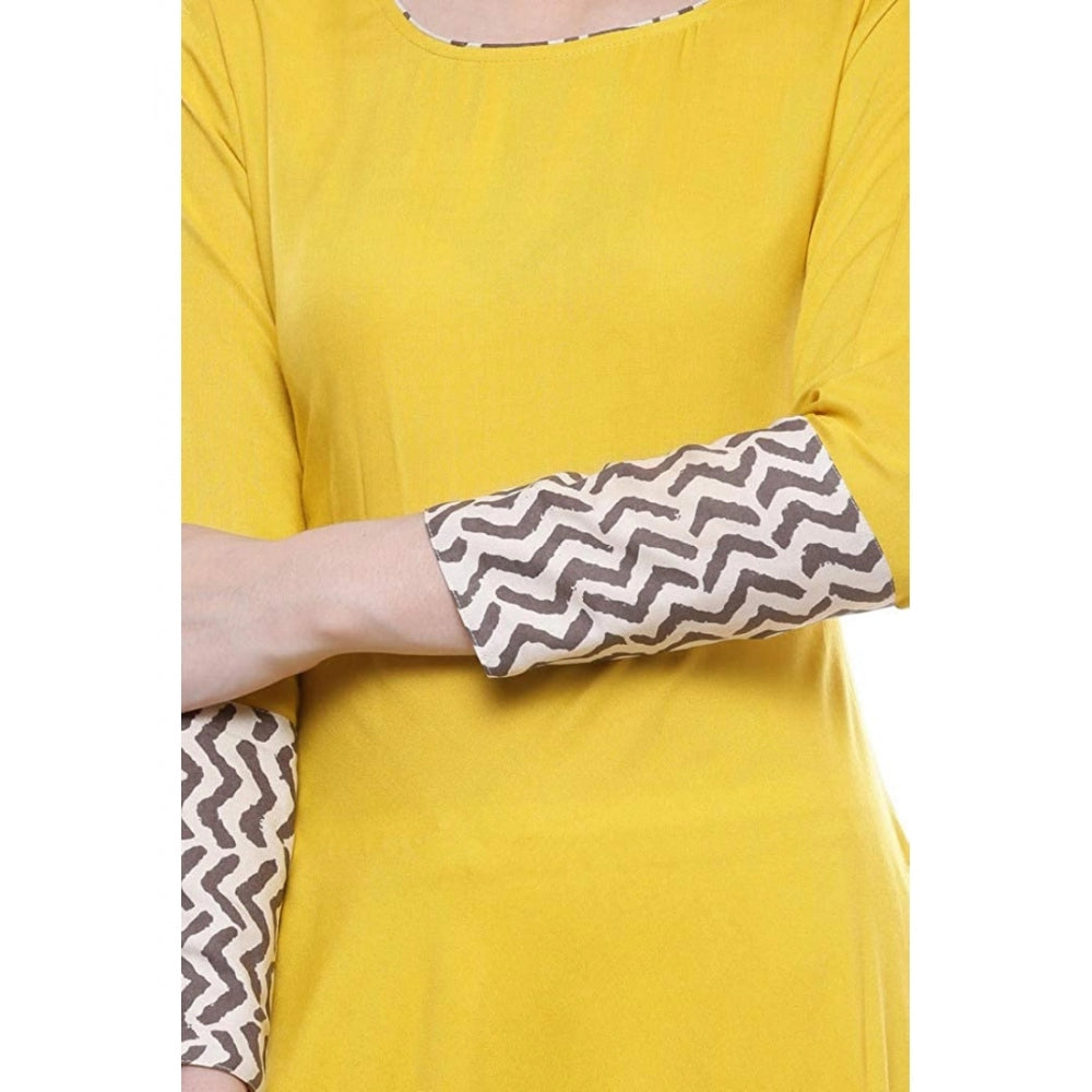 Women's Rayon Printed Solid Anarkali Kurti (Yellow, Rayon) - VANSHELLE