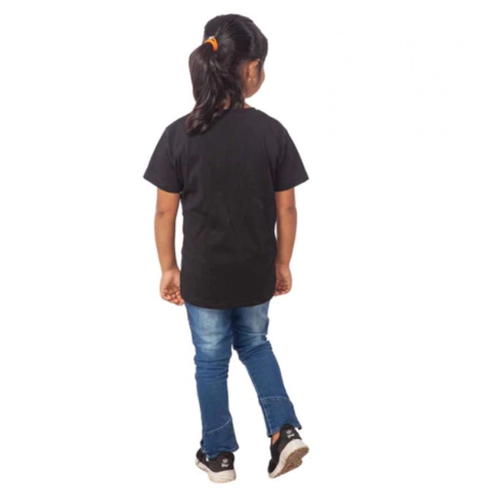 Girls Cotton Unicorn Face Half Sleeve Tshirt (Black)