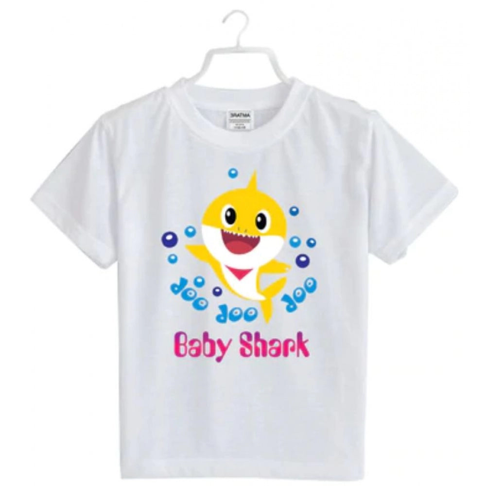 Girls Cotton Baby Shark Half Sleeve Tshirt (White)