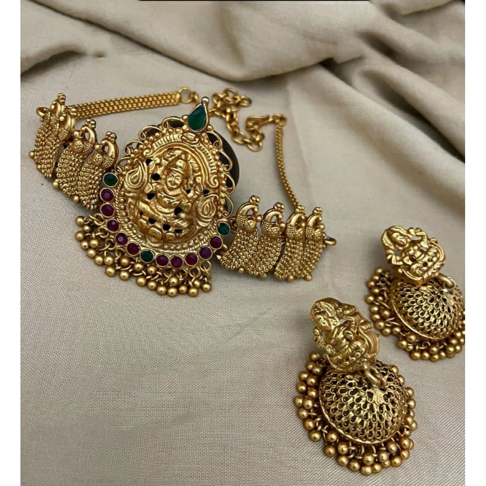 Women'S Traditional Temple Necklace And Earrings Set In Gold (