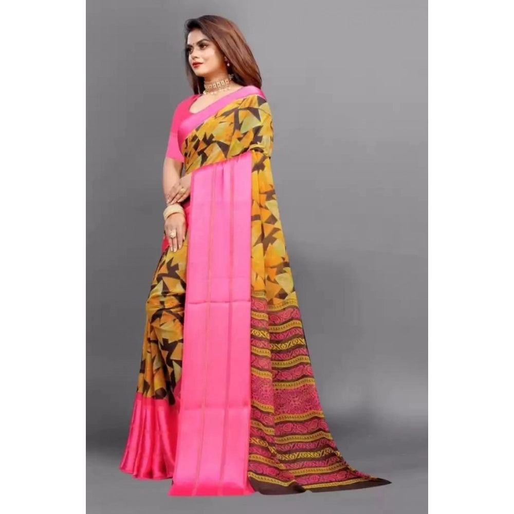 Women's Satin Patta Printed Saree With Unstitched Blouse (Pink) - VANSHELLE