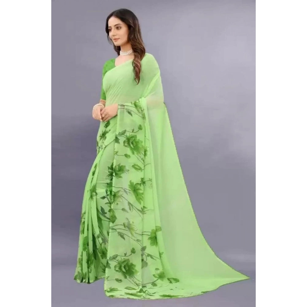 Women's Georgette Printed Saree With Unstitched Blouse (Green) - VANSHELLE