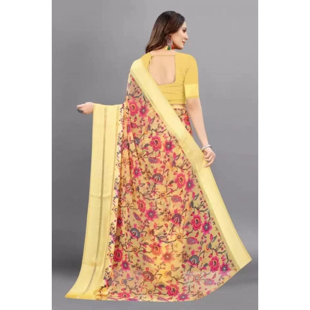 Women's Satin Patta Printed Saree With Unstitched Blouse (Yellow) - VANSHELLE