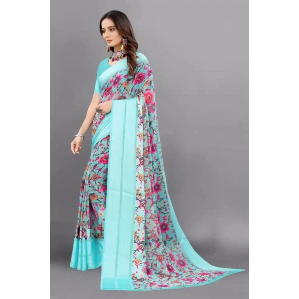 Women's Satin Patta Printed Saree With Unstitched Blouse (Skyblue) - VANSHELLE