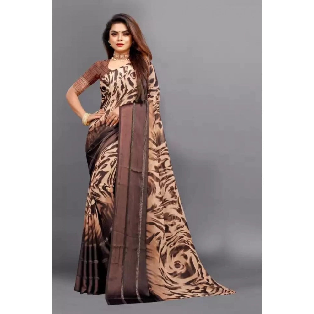 Women's Satin Patta Printed Saree With Unstitched Blouse (Brown) - VANSHELLE