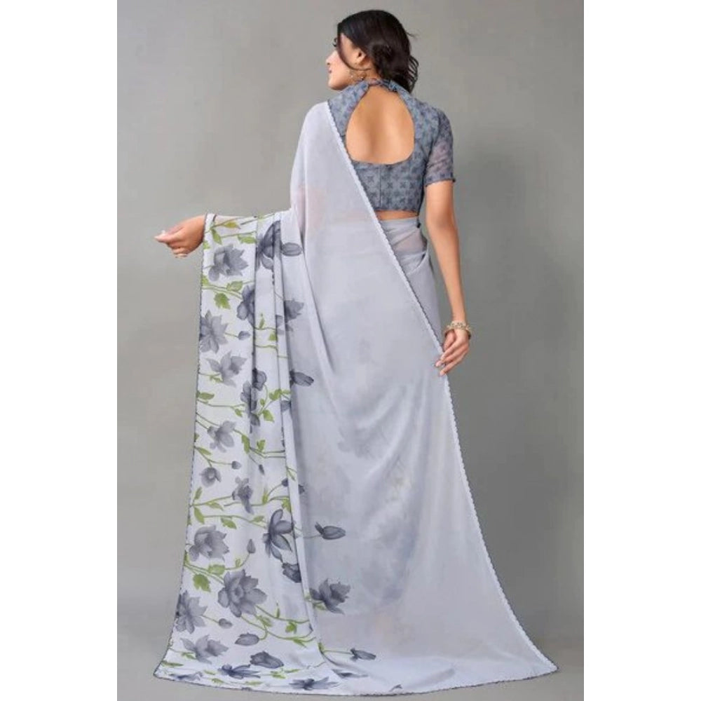Women's Georgette Printed Saree With Unstitched Blouse (Grey) - VANSHELLE