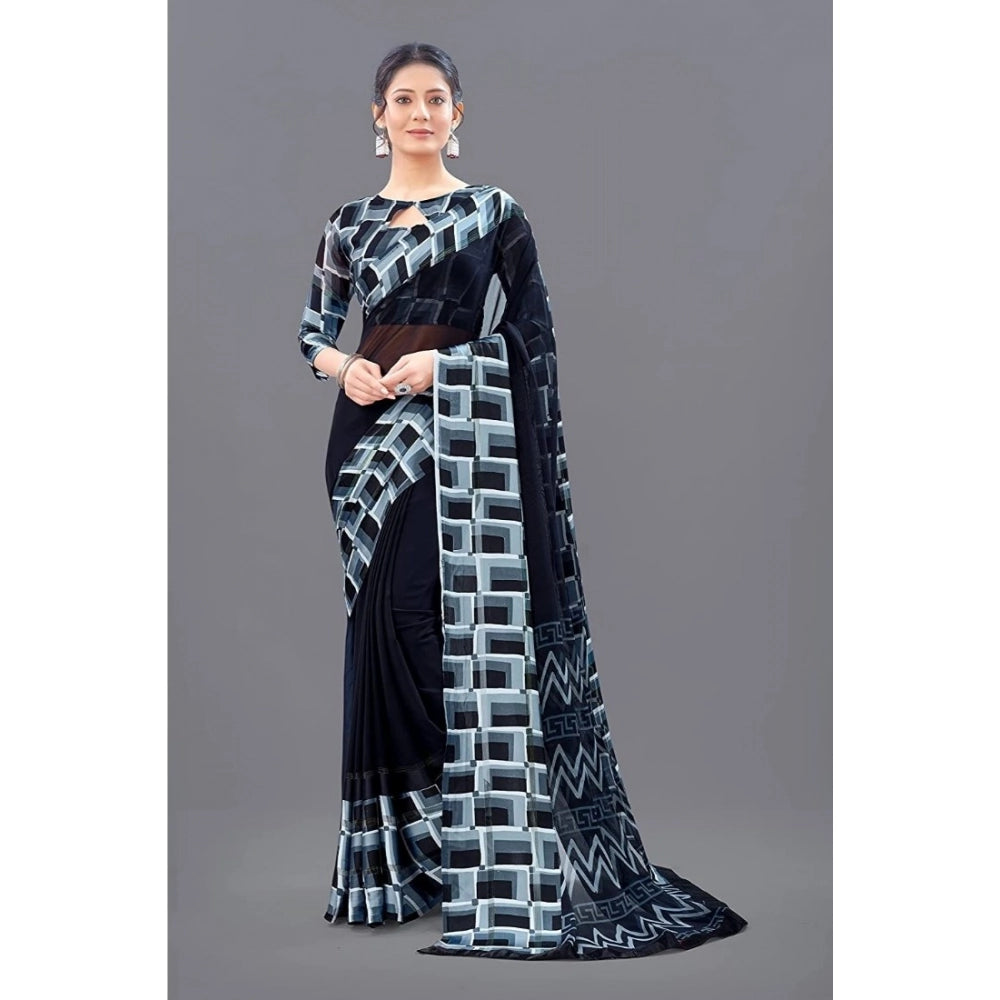 Women's Satin Patta Printed Saree With Unstitched Blouse (Black) - VANSHELLE