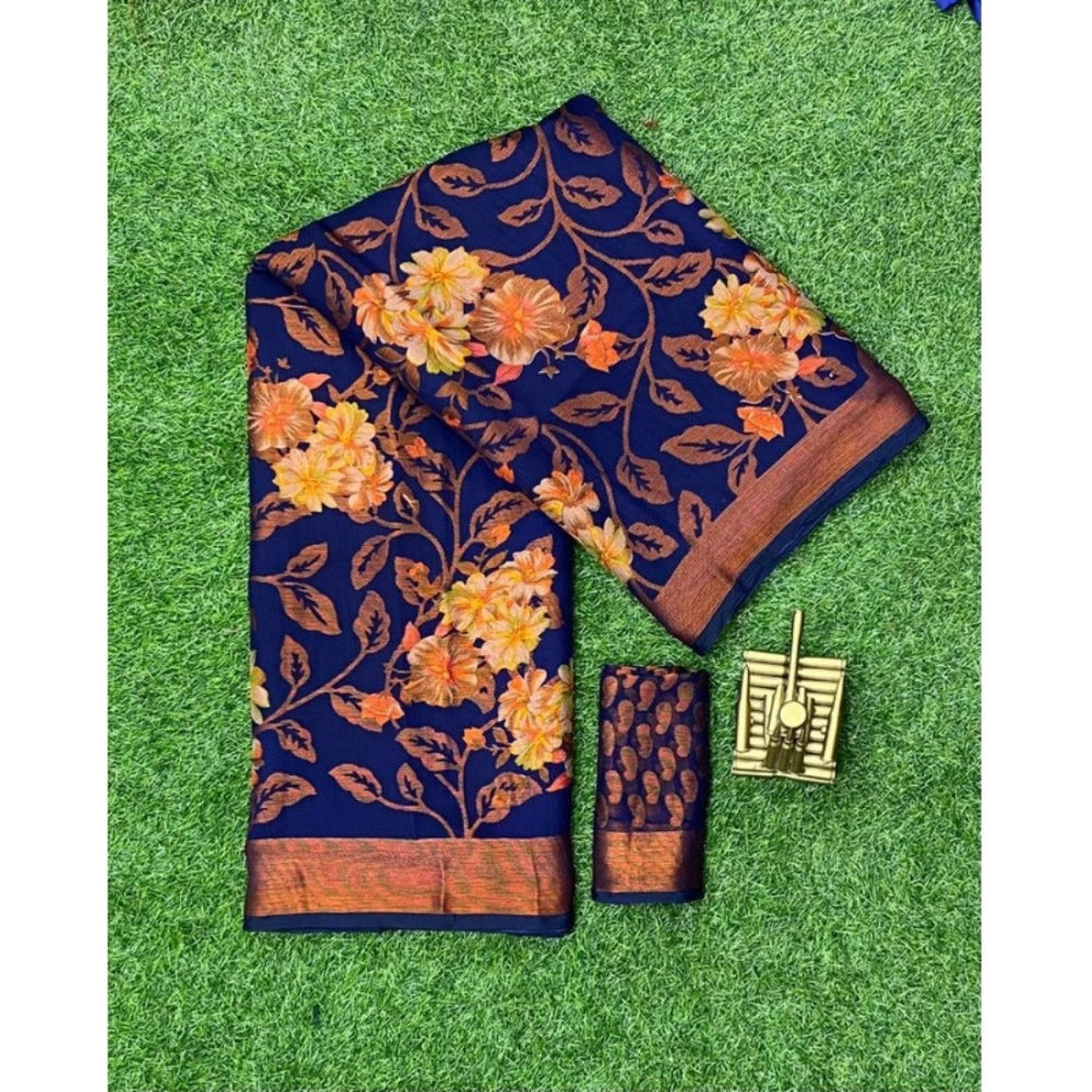 Women's Viscose Rayon Printed Saree With Unstitched Blouse (Navyblue) - VANSHELLE