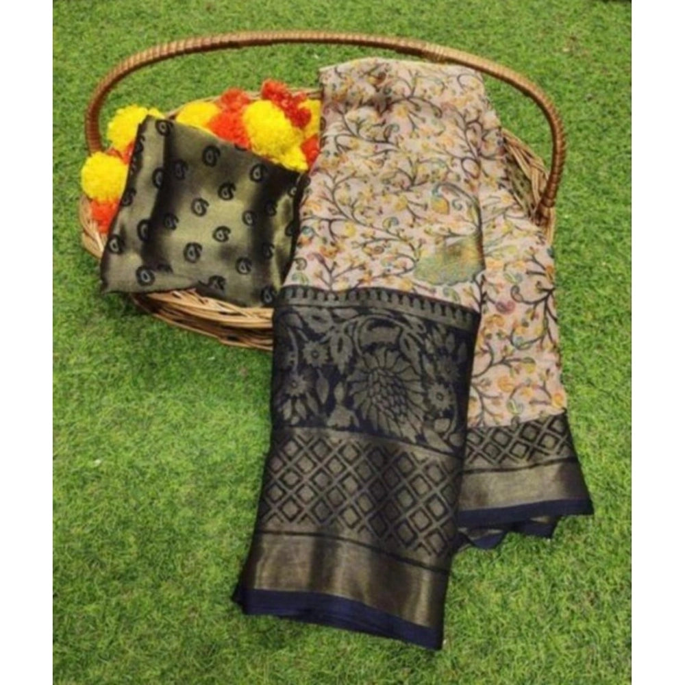 Women's Viscose Rayon Printed Saree With Unstitched Blouse (Navyblue) - VANSHELLE