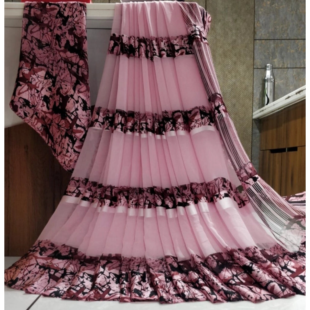 Women's Satin Patta Printed Saree With Unstitched Blouse (Pink) - VANSHELLE