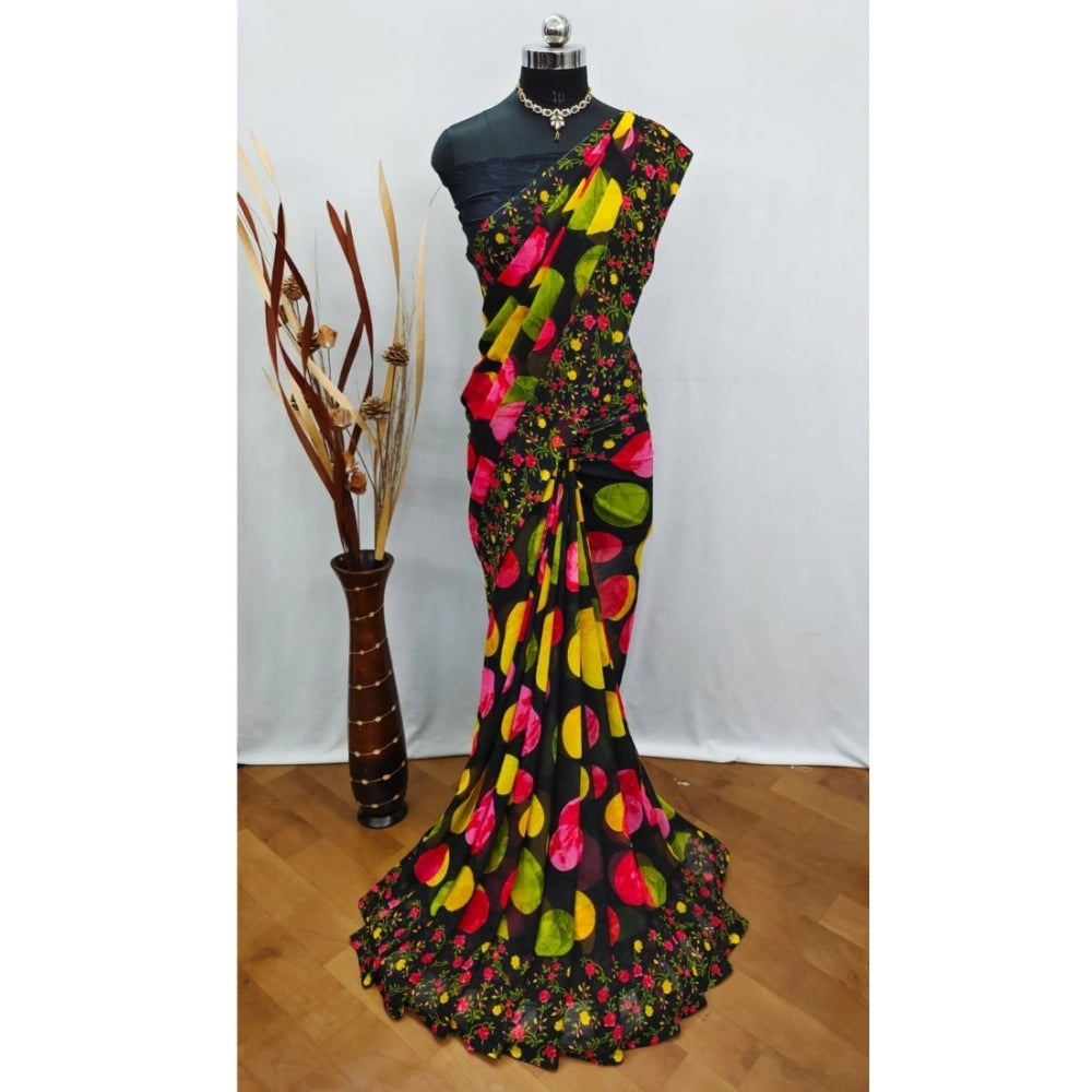 Women's Georgette Printed Saree With Unstitched Blouse (Black) - VANSHELLE