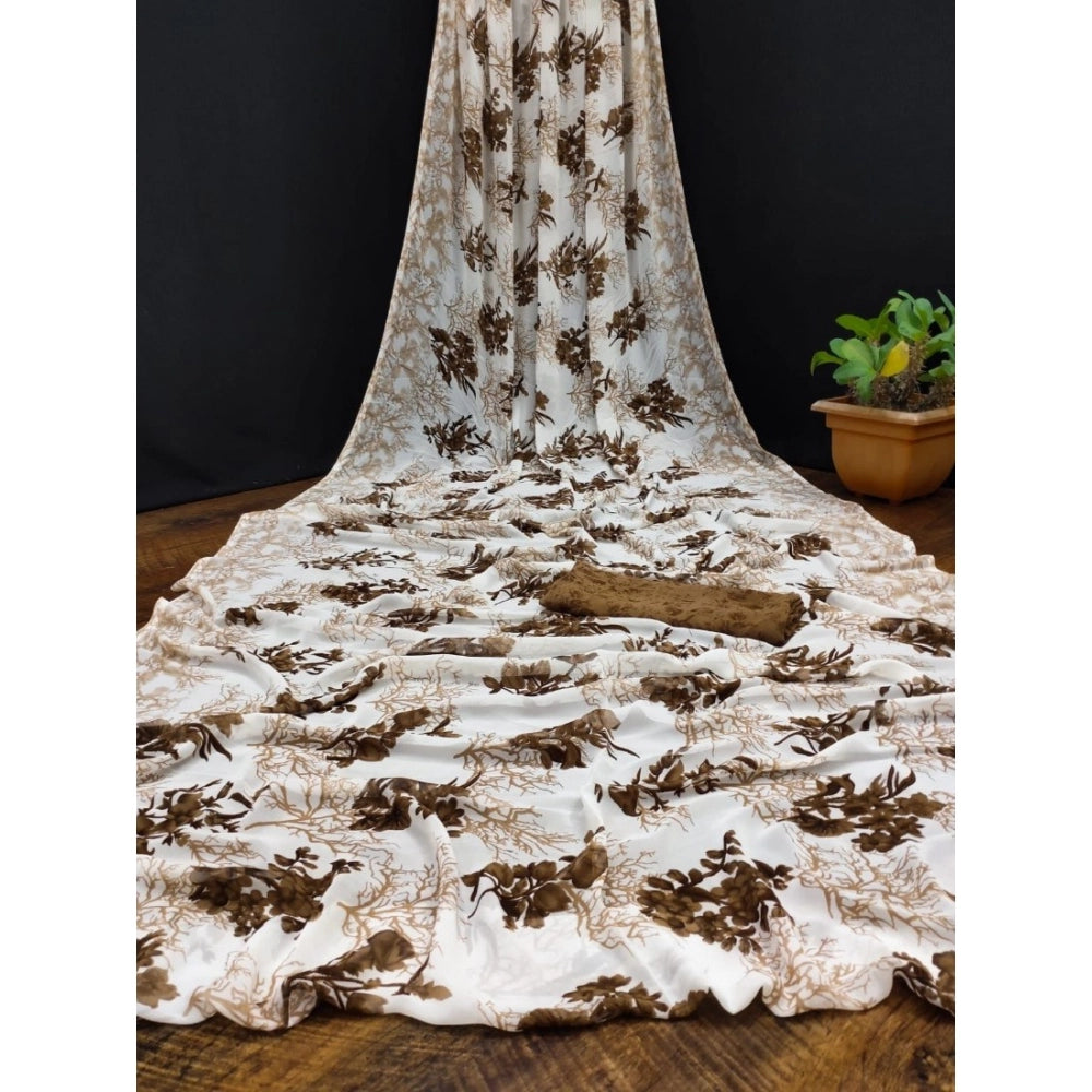 Women's Georgette Printed Saree With Unstitched Blouse (Coffee) - VANSHELLE