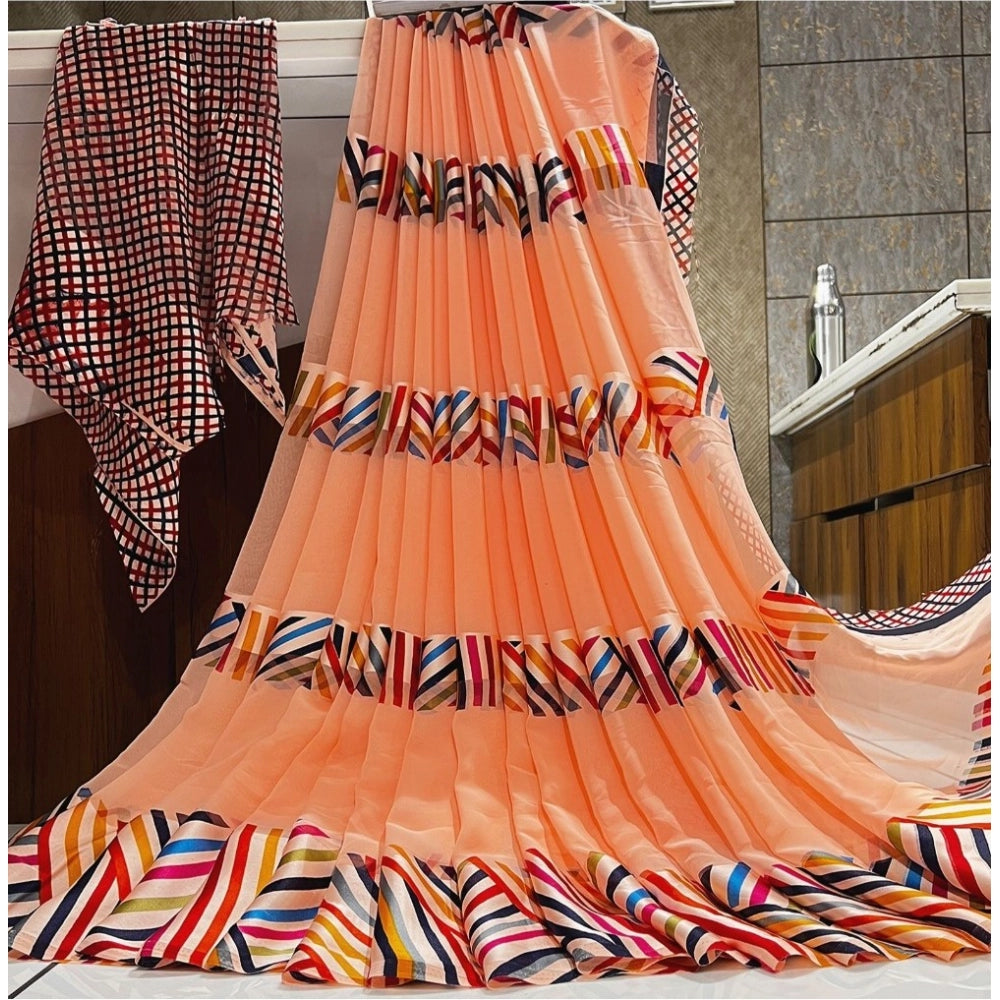 Women's Satin Patta Printed Saree With Unstitched Blouse (Peach) - VANSHELLE