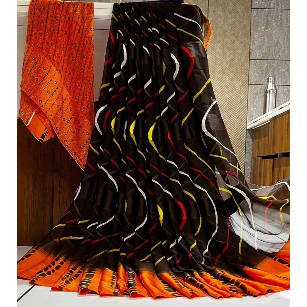 Women's Satin Patta Printed Saree With Unstitched Blouse (Orange) - VANSHELLE