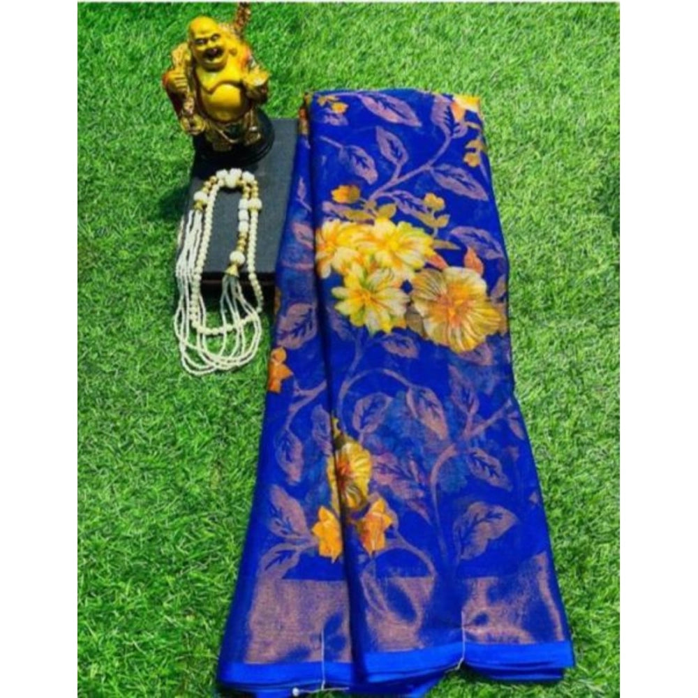 Women's Viscose Rayon Printed Saree With Unstitched Blouse (Royal Blue) - VANSHELLE