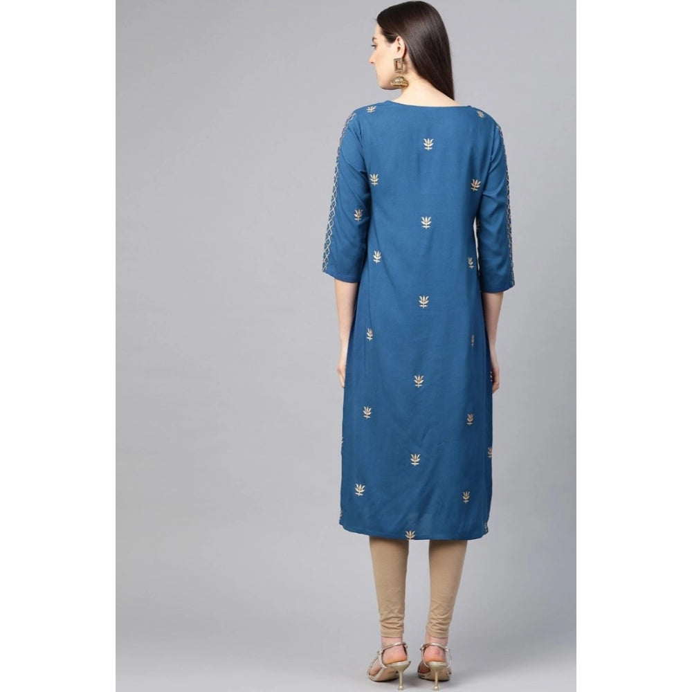 Women'S Casual 3/4 Th Sleeve Floral Printed Rayon Kurti (Blue)
