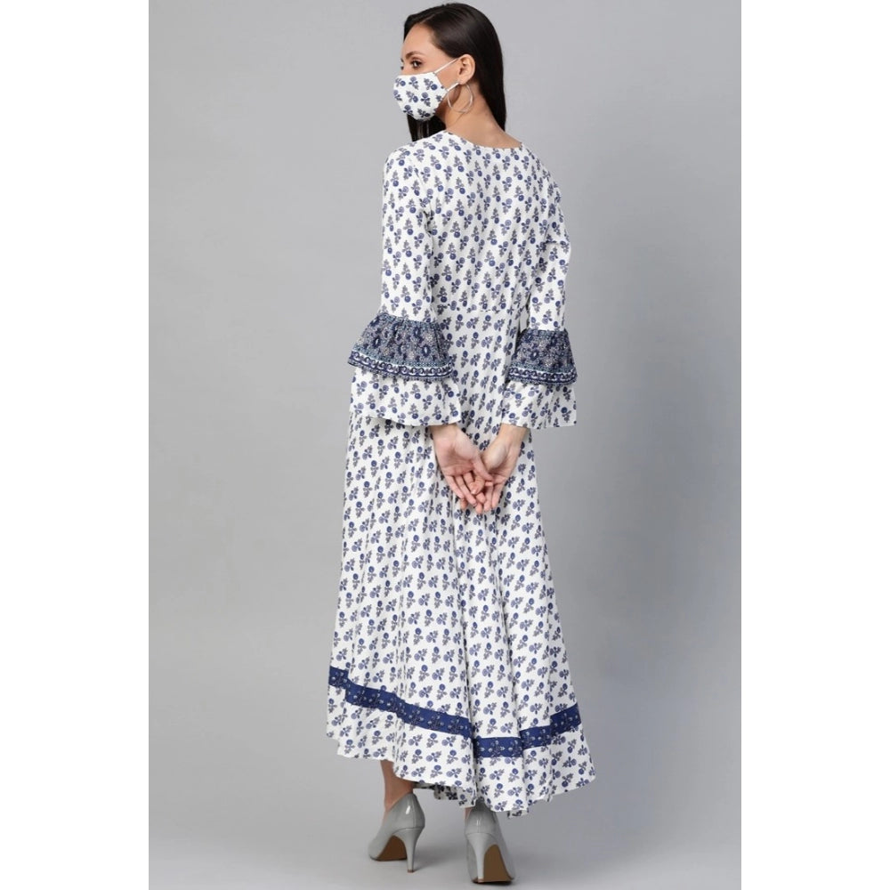 Women'S Casual Bell Sleeve Floral Printed Rayon Dress (White &