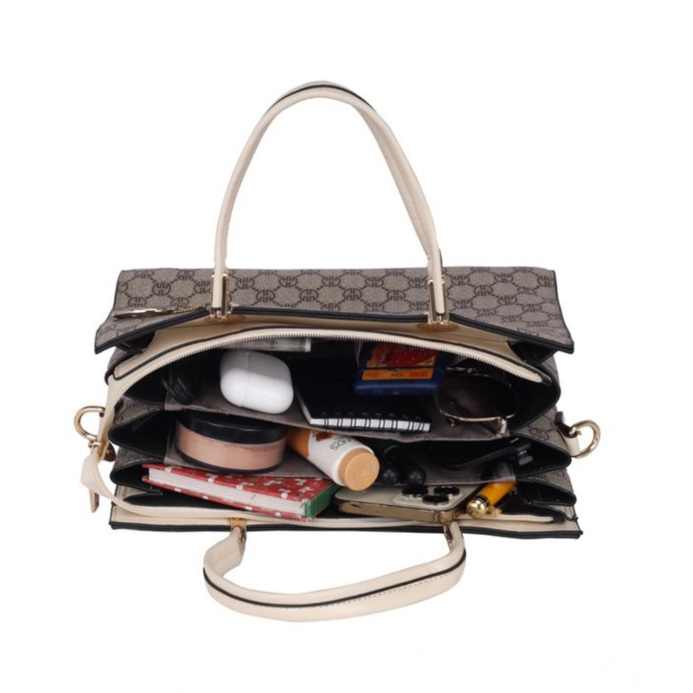 Women'S Faux Leather Printed Handbag (Beige)