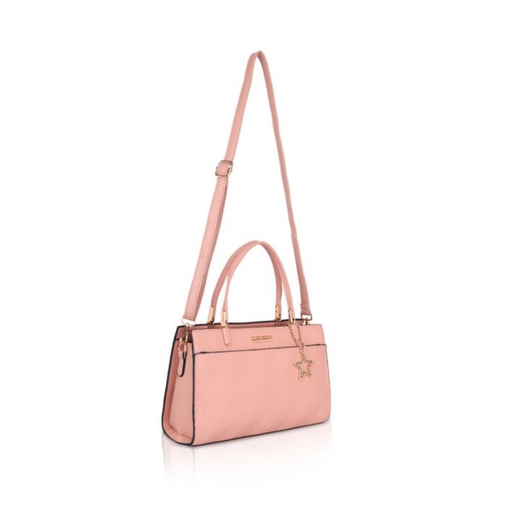 Women's Faux Leather Textured Adjustable Long Belt Handbag (Pink)