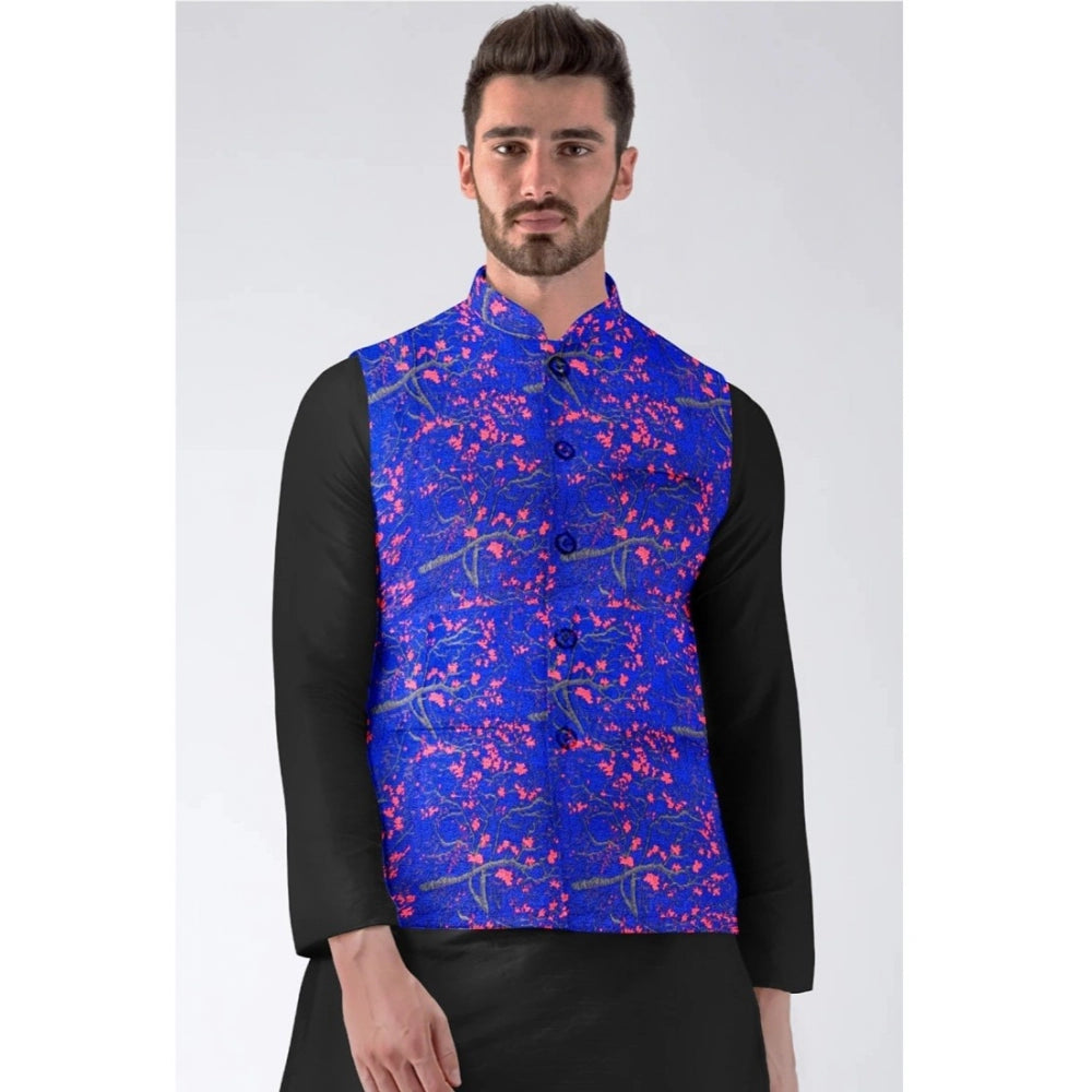 Men'S Jacquard Printed Full Sleeve Waistcoat (Blue)