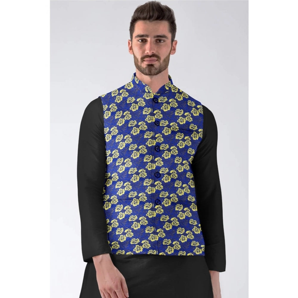 Men'S Jacquard Printed Full Sleeve Waistcoat (Blue)
