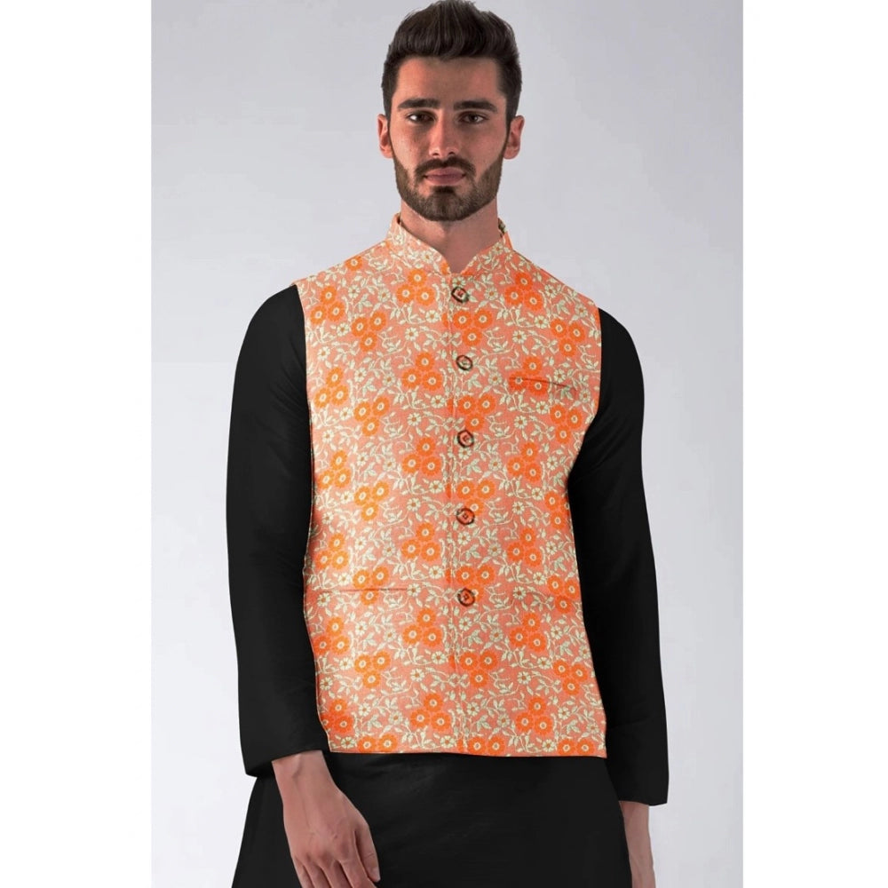 Men'S Jacquard Printed Full Sleeve Waistcoat (Orange)