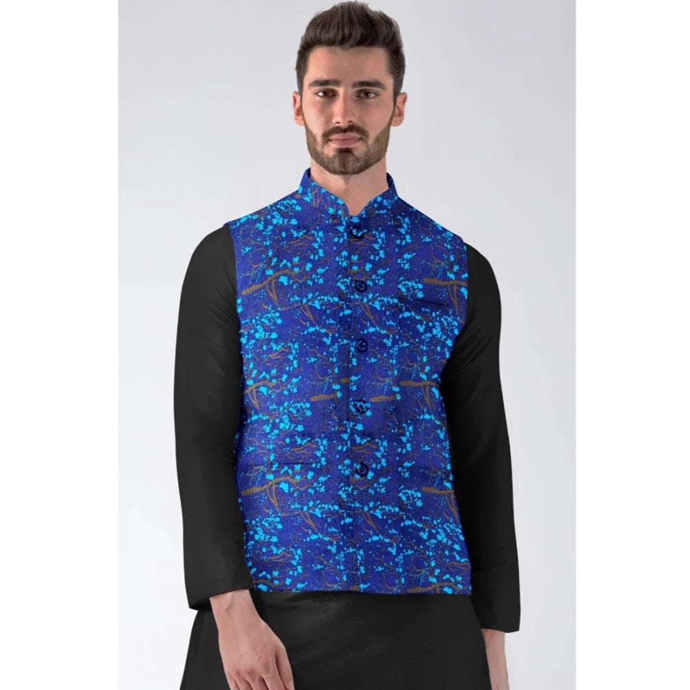 Men'S Jacquard Printed Full Sleeve Waistcoat (Blue)