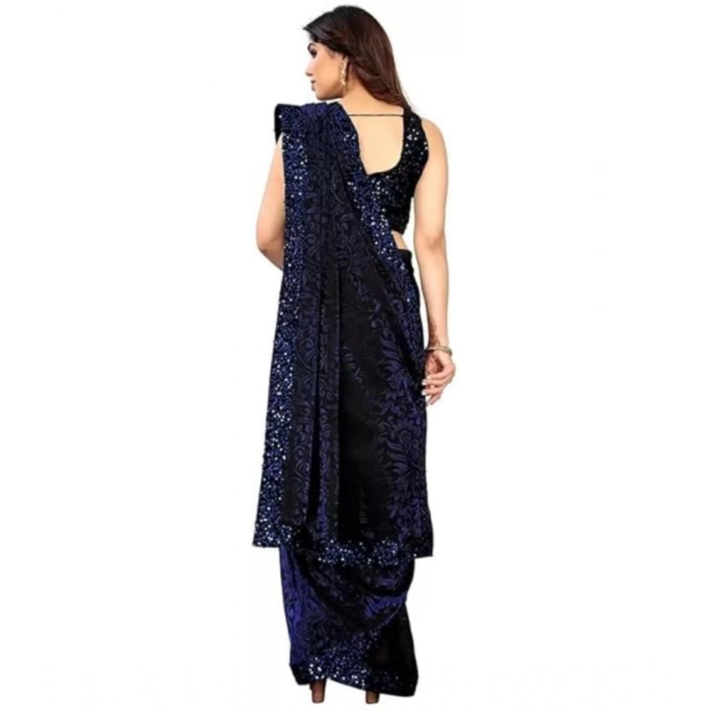 Women'S Lycra Floral Saree With Unstitched Blouse (Blue, 5.5 M