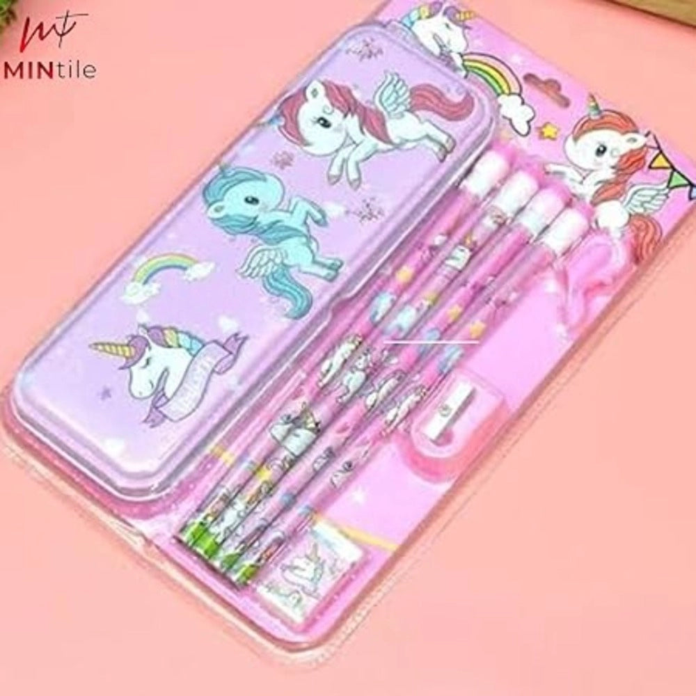 8_Pcs Set Unicorn Metal Pencil Box With 4 Pencils, 1 Sharpner, 1 Erace