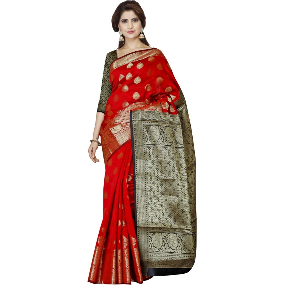 Women's Jacquard Woven Saree With Unstitched Blouse 5.5Mtr (Red)