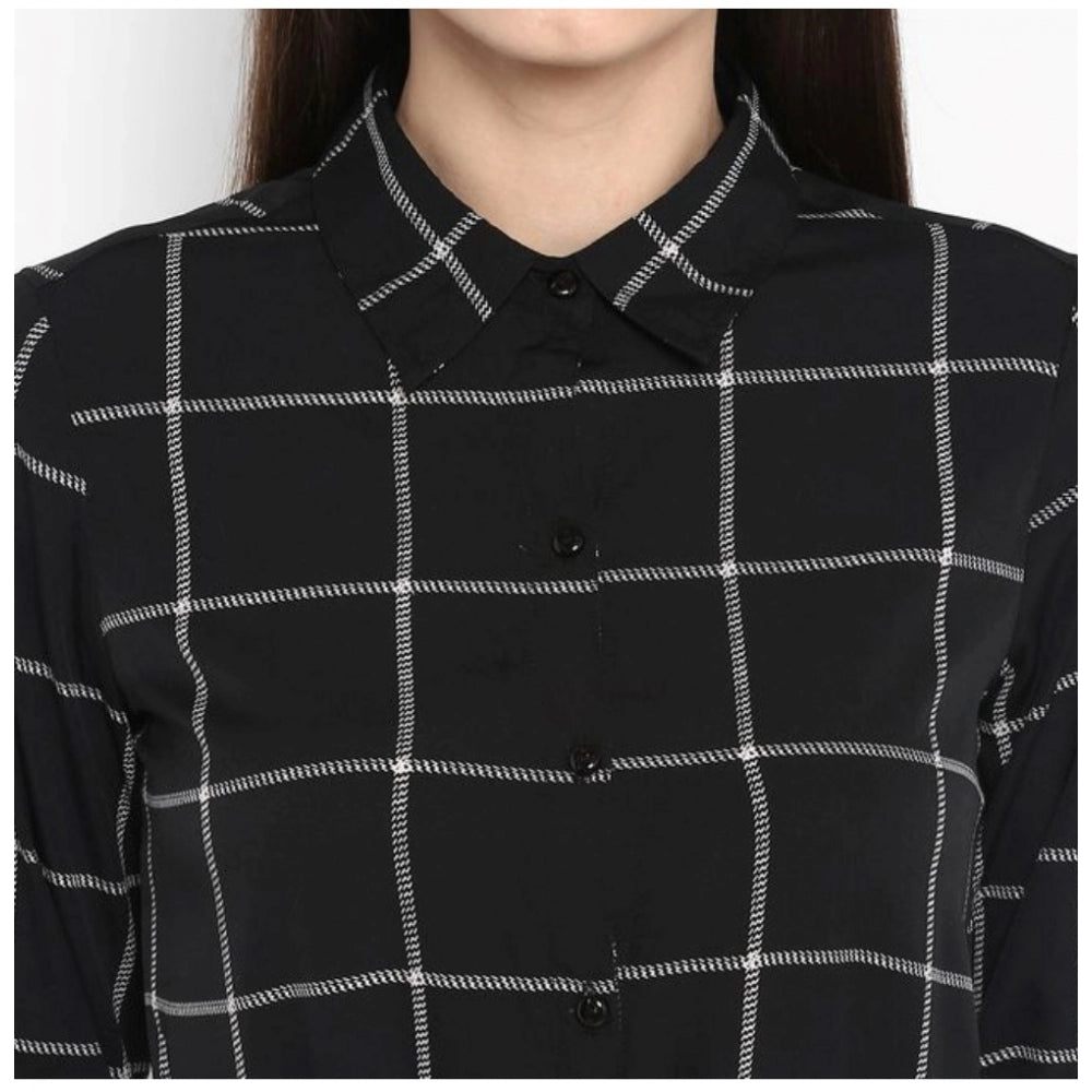 Women'S Polyester Checkered Roll Up Sleeve Above Knee Dress (B
