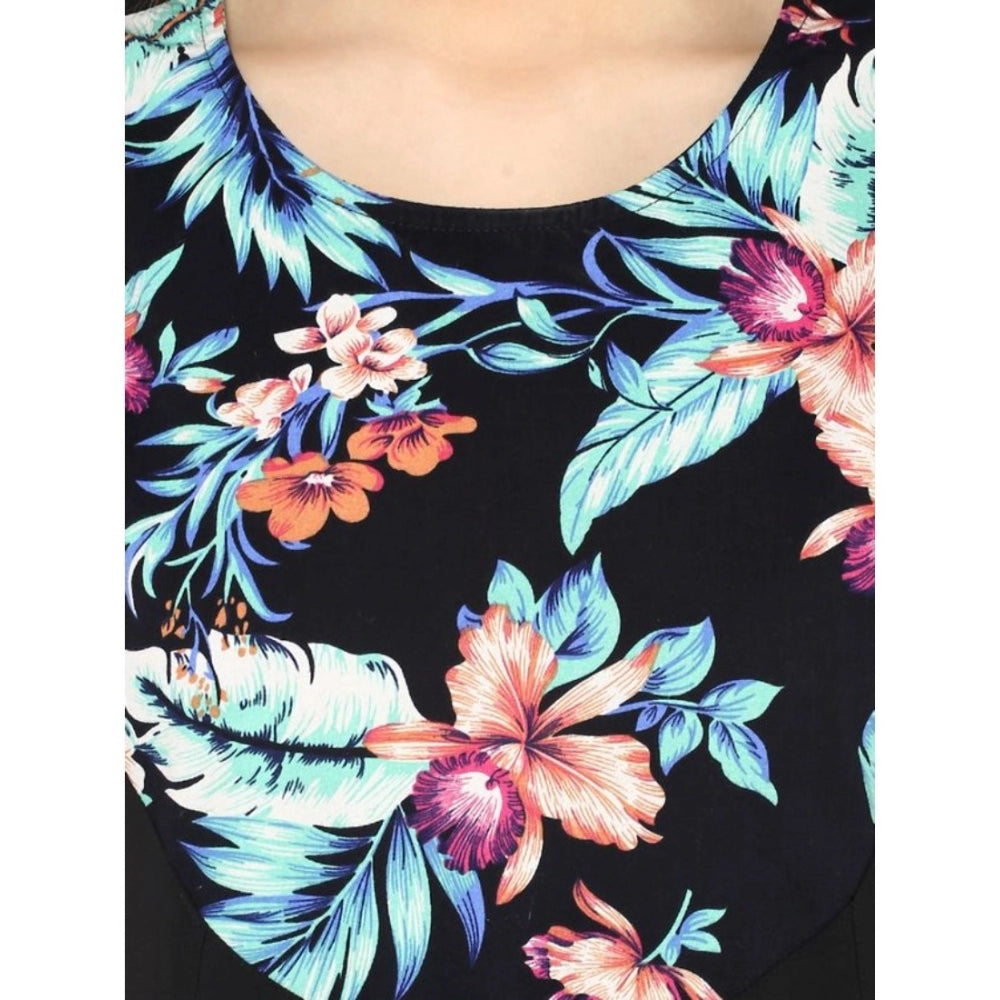 Women'S Polyester Printed Sleeveless Above Knee Dress (Black
