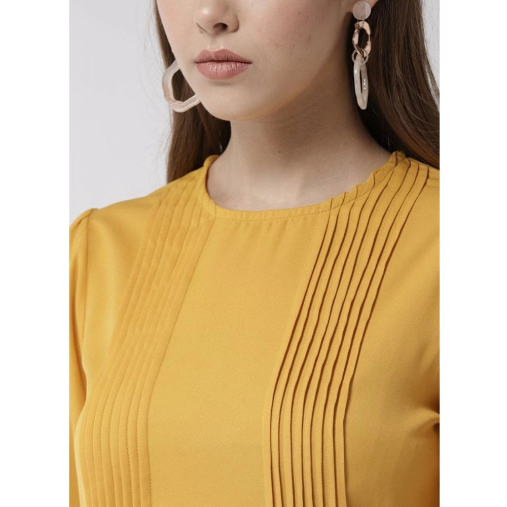 Women'S Polyester Pintuck Long Sleeves Below Knee Dress (Yello