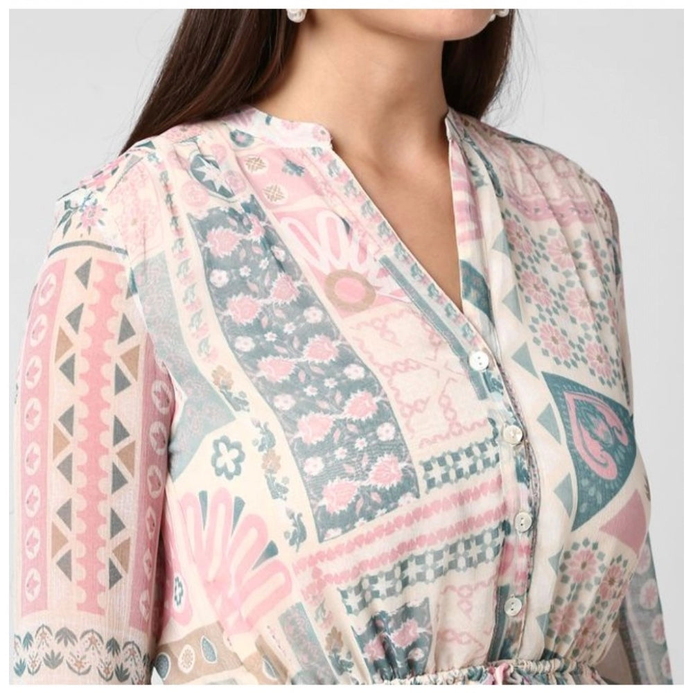 Women'S Polyester Printed Long Sleeves Above Knee Dress (Light