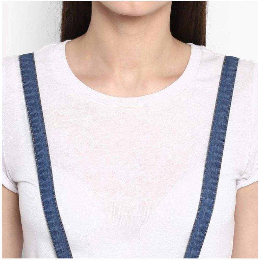Women'S Denim Solid Shoulder Straps Below Knee Dress (Blue)
