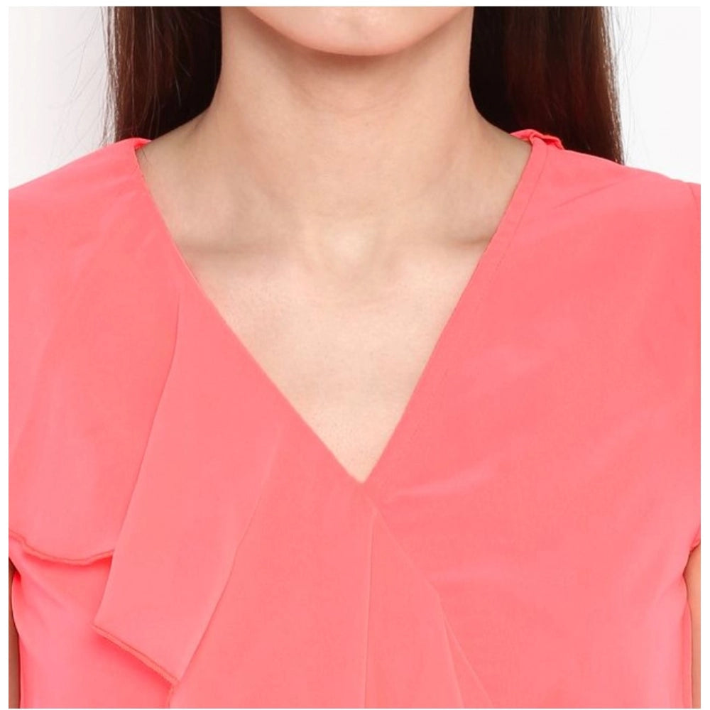 Women'S Polyester Ruffled Cap Sleeve Below Knee Dress (Coral P